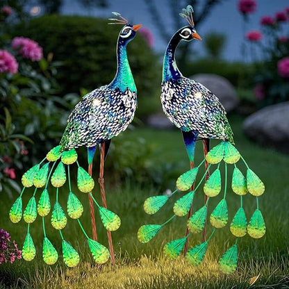 Kircust Solar Metal Peacock Statues - Set of 2 Weatherproof Outdoor Decor with Solar Lights for Garden, Yard, or Patio - Elegant Peacock Gifts