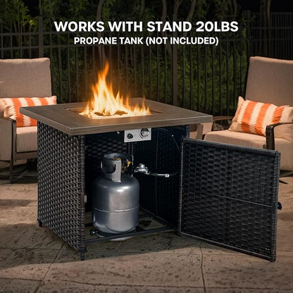 Patio Luxury Conversation Set 6PCS Resin Wicker Swivel Chairs Set, 4 Swivel Patio Chairs with Rattan Side Table and 30in Square Wicker Fire Table Set Brown Wicker|Grey Cushions