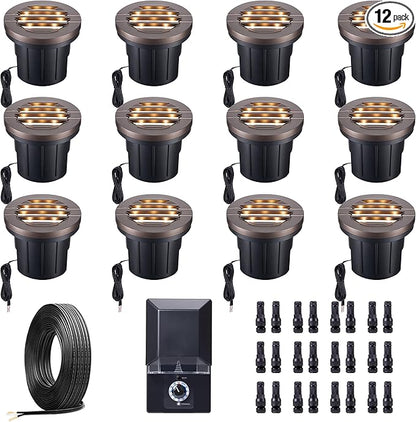 Ground Well Lights Kit, 12 Pack Landscape Low Voltage Inground Lights and 200W Transformer and 250FT Cable and 40 Wire Connectors, Outdoor Waterproof IP67 Aluminum for Backyard Wall 6W 350LM