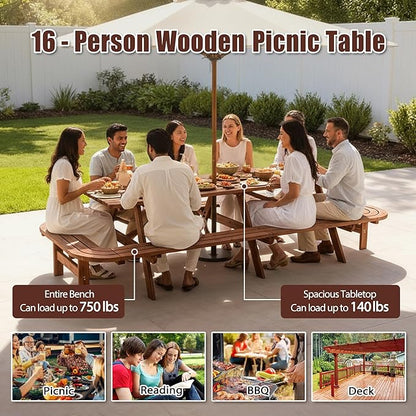 16-Person Picnic Table Set with Attached Benches & Umbrella Hole,Rectangle Brown Outdoor Wood Dining Table & Chairs for Patio Yard Garden Porch Deck