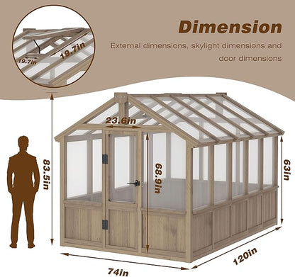 Mupater 6'x10' Wooden Greenhouse for Outdoor, Heavy Duty Green House Kit with Ventilated Window and Lockable Door, 6mm MWPC Panels for UV Protection, Walk-in Greenhouse for Backyard, Patio, Lawn