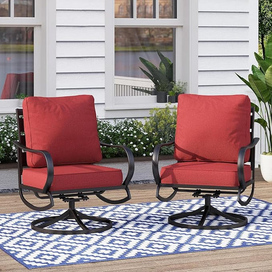 MFSTUDIO Metal Patio Conversation Sets, Outdoor Furniture Sofas Set of 2, 2 Pieces Durable Steel Frame Patio Swivel Chairs with 5.8" Burgundy Red Cushions for Patio Garden Backyard Balcony