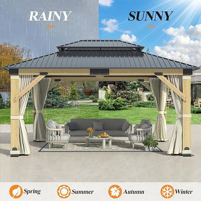 GARTOO 13’x15’ Patio Wooden Gazebo, Galvanized Steel Roof Gazebo with Privacy Curtains and Netting, Double Vented Roof Hardtop Gazebos for Garden, Porch, Lawn, Poolside, Backyard Deck