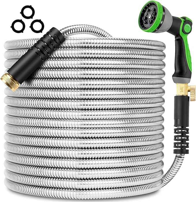 150FT Metal Garden Hose 304 Stainless Steel Flexible Water Hose - No Kink & Tangle Heavy Duty Pipe with Nozzle, Durable 3/4 Metal Fittings and Valve - Rust Proof Puncture Proof for Yard Lawn
