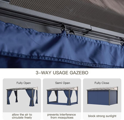 10’ x 12’ Gazebo for Patio,Wall Mounted Gazebo with Sloping Polycarbonate Roof,Aluminum Frame Outdoor pelgole w/Netting & Curtain for Garden,Deck,Backyard,NavyBlue