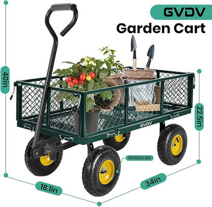 GVDV 660LB Garden Cart with Liner, Heavy Duty Steel Garden Wagon, Folding Utility Wagon with Removable Sides and 10" All-Terrain Wheels