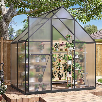 Aoxun 4x6 FT Outdoor Greenhouse, Polycarbonate Greenhouse with Aluminum Frame, Walk-in Green House with Roof Vent, Ground Nails, Lockable Door for Garden Backyard, Patio, Lawn,Quick-Installation