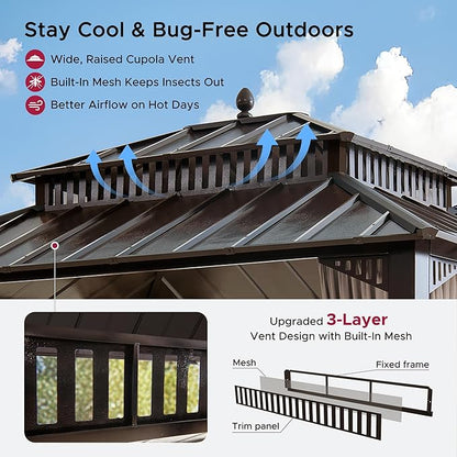 SUNJOY Kingston 12' x 10' Hardtop Gazebo with Galvanized Steel Double Roof, Curtain and Netting, Brown Aluminum Posts Permanent Pavilion Gazebo for Garden, Patio, Deck, Lawn