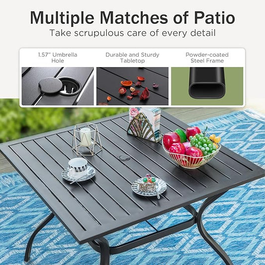 PHI VILLA 5-Piece Outdoor Dining Set, 4 Steel Metal Swivel Patio Chairs & 1 Square Dining Table, Paperclip Pattern Back, Classic Black