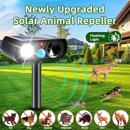 2Pack Solar Deer Repellent Device Ultrasonic Repellent Outdoor Solar Animal Repeller with LED Strober Light&Motion Sensor,2025 Cat Deterrent Outdoor to Scare Squirrel Raccoon Skunk Rabbit