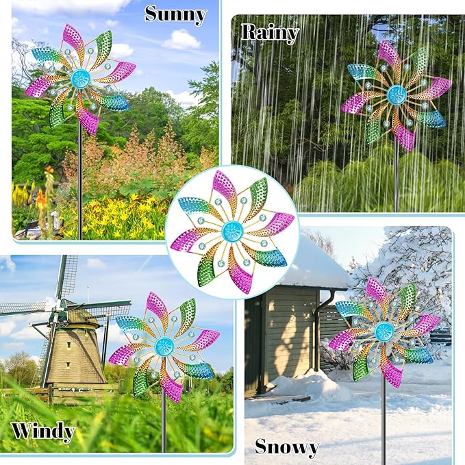 Colorful Outdoor Wind Spinner, Kinetic Small Garden Windmill with Stake, Geometric Metal Pinwheels for Yard Patio Art Decor(B-Colorful-1PCS)