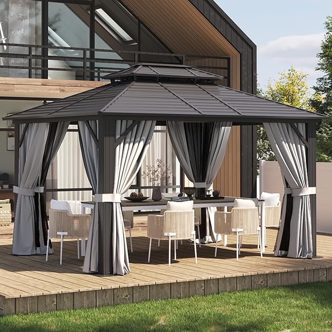 Aoxun 10'x 12' Hardtop Gazebo, Outdoor Dual-Layer Galvanized Steel Double Roof Aluminum Furniture Gazebo Canopy with Netting and Curtains for Deck Backyard Wedding Garden