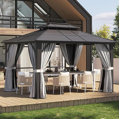 Aoxun 10'x 12' Hardtop Gazebo, Outdoor Dual-Layer Galvanized Steel Double Roof Aluminum Furniture Gazebo Canopy with Netting and Curtains for Deck Backyard Wedding Garden