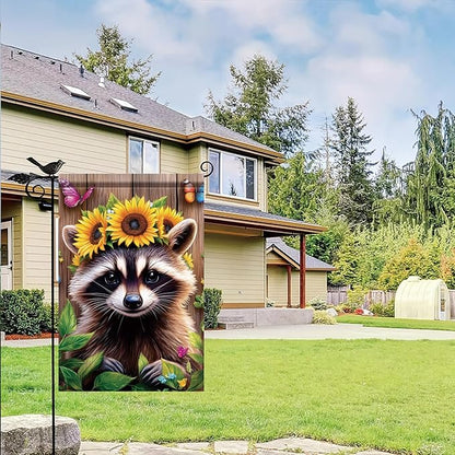 Summer Spring Garden Flag 12x18 Inch Double Sided Cute Raccoon Sunflower Crown Summer Yard Decoration Outdoor Rustic Banner for Porch Lawn Butterfly Floral Farmhouse Seasonal Decor