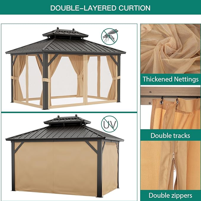 Outdoor Hardtop Gazebos 10 x 12 ft Permanent with High Strength Aluminum Frame, Double-Roof, Pavilion with Curtain and Netting for Patio, Lawn, Deck, Garden (Darkbrown, 10x12 ft)