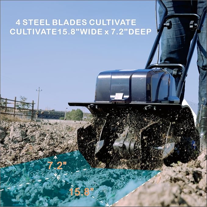 40V Cordless Tiller Cultivator,16 Huge SteelTines Garden Tiller,8.6 inch Wide BatteryPowered Garden Cultivator,(2 4AH Battery andCharger Included)