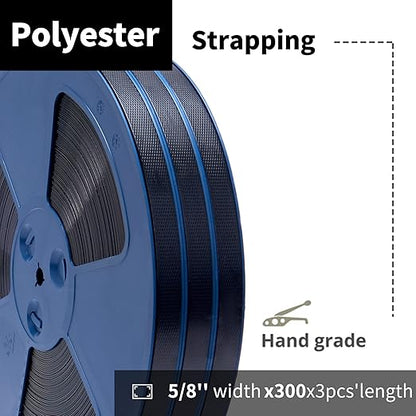 Heavy Duty Packaging 3pcs 5/8"(16mm) x 0.35" x 330'Black Industrial-Grade Polyester(PET) Strapping Roll,Pallet Strap Coil for Packaging Strapping Tool- 1400 lbs Break Strength（990ft Black)