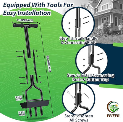 Manual Lawn Aerator Tool with Soil Storage Basket - 2025 Upgraded Aerator Lawn Tool, 3 Tines Yard Aerators with Cleaning Tool, 38’’ Ergonomic Aeration Tools for Compacted Soil & Lawn Care