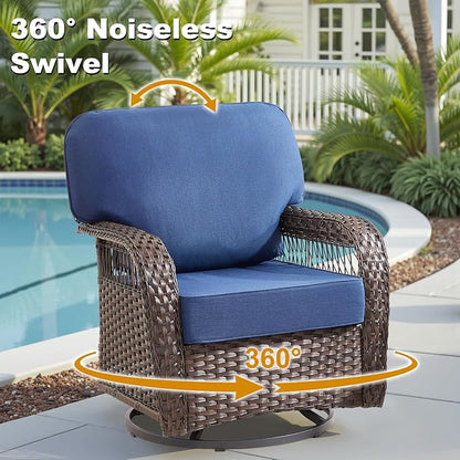 Outdoor Swivel Rocker Chairs - Patio Rocking Chairs Set of 2, 3PCS Wicker Patio Set with 5" Thick Cushion and Side Table, Rattan Patio Swivel Rocking Chairs for Porch, Deck, Backyard Blue/Brown