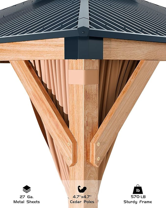 GAOMON Hardtop Spruce Wood Gazebo 12'x20', with Double Roof of Metal Sheets, 4.7'' Heavy Duty Poles, Gray Net, and Curtain, Permanent Building for Patio, Deck, Backyard, Lawn, and Garden, Khaki