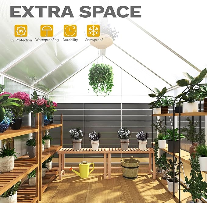 DWVO 6x16FT Polycarbonate Greenhouse Heavy Duty Green Houses Outdoor Aluminum Greenhouses with Sliding Doors Vent Window Walk-in Greenhouse Large Sun House for Garden Backyard, Matte Sliver