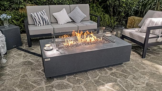AMS Creations | Madison 60" Bundle Rectangular Propane Gas Outdoor Fire Pit Table | Dark Gray Concrete GFRC | Limestone Texture or Surface | Electronic Ignition | Outside Backyard Fireplace