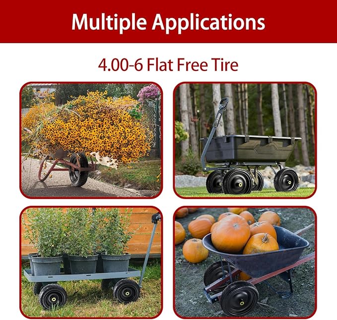 13" Flat-Free Tires and Wheels Replacement Gorilla Cart, 4.00-6 Flat-free Solid Tires for Garden Carts, Wheelbarrows & Yard Trailers - with 5/8" Bearings, 2.1" Hub Offset(4-Pack)