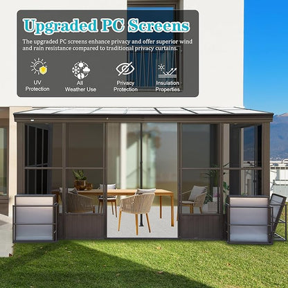 10x12FT Wall Mounted Sunroom, Outdoor Permanent Lean-to Solarium with Detachable Polycarbonate Roof, 2 Lockable Sliding Doors, Aluminum Gazebo Against The Wall Sun Room for Garden Patio Deck