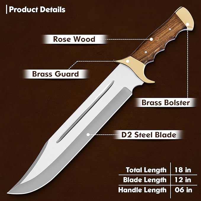 Handmade D2 Steel 18 Inches Large Bowie Knife, Full Tang Fixed Blade With Rosewood Handle and Brass Guard Hunting Knife with Leather Sheath Ideal for Camping, Hiking, Survival