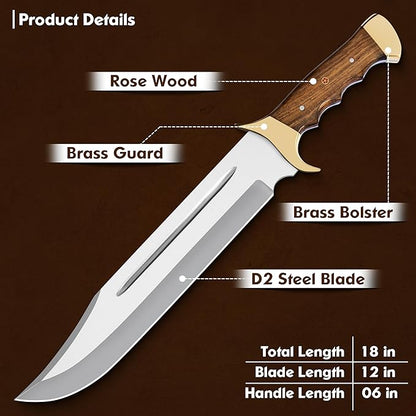 Handmade D2 Steel 18 Inches Large Bowie Knife, Full Tang Fixed Blade With Rosewood Handle and Brass Guard Hunting Knife with Leather Sheath Ideal for Camping, Hiking, Survival