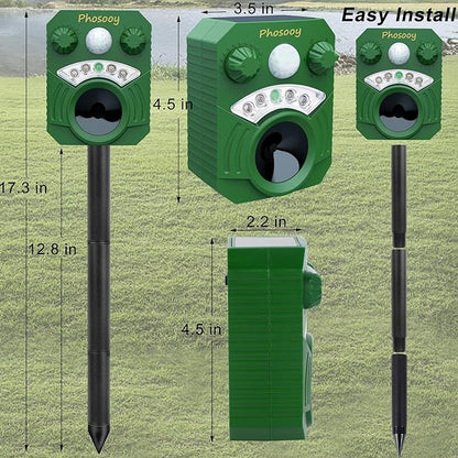 2 Packs Solar Ultrasonic Animal Repeller, Waterproof Mode-Adjustable Animal Deterrent Device with Flashing Strobe Lights to Repel Cats, Dogs, Squirrel, Rats, Skunks, Raccoons and Deer