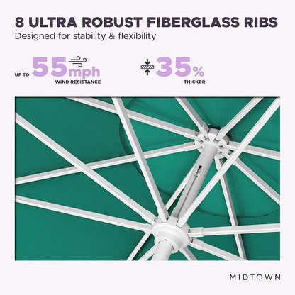 Midtown Umbrellas The Swilt 9 Feet Patio Umbrella in Sunbrella Canvas Teal Acrylic Fabric - Fiberglass Ribs, Auto-Tilt Aluminum Frame For Backyard, Deck, Garden, Pool - White Pole