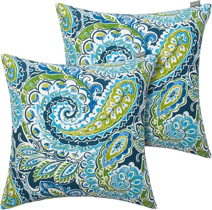 Magpie Fabrcis Pack of 2 Outdoor Waterproof Throw Pillow with Insert 18 x 18 Inch, Christmas Decorative Back Cushion Pad for Garden Patio Tent Balcony Couch Sofa(Paisley Lapis Green)