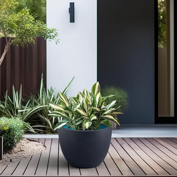 Kante 14.2 Inch Round Concrete Planter - Classic Large Indoor/Outdoor Plant Pot with Drainage Hole and Rubber Plug, Suitable for Gardens and Patios, Charcoal Finish with Forest Green Interior
