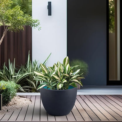 Kante 14.2 Inch Round Concrete Planter - Classic Large Indoor/Outdoor Plant Pot with Drainage Hole and Rubber Plug, Suitable for Gardens and Patios, Charcoal Finish with Forest Green Interior