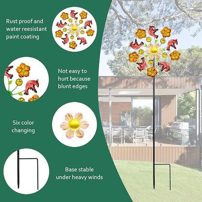 Solar Wind Spinners Outdoors for Yard and Garden - 40 Inch Metal Wind Sculpture, Outdoor Kinetic Windmill with Multi-Color Led Lights for Patio, Lawn & Garden Decoration (Magpie)