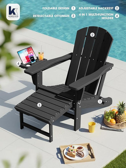 KINGYES Adjustable Folding Adirondack Chair with Footrest & 4-in-1 Multi-Functional Armrest Organizer Set of 4, HDPE Foldable Reclining Adirondack Chair with Pull-Out Ottoman, Black