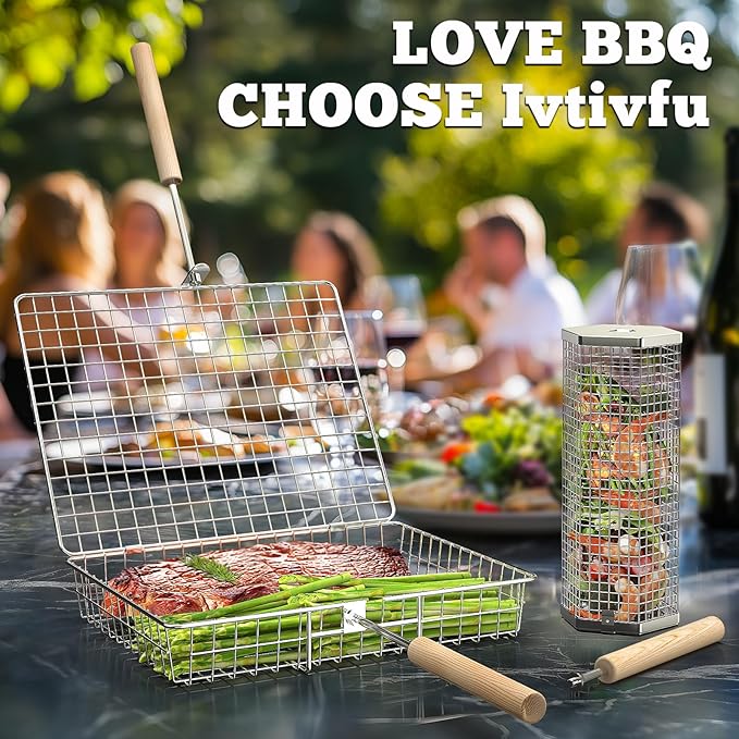 Grill Basket Set, Removable Wooden Handle, 304 Stainless Steel, Rolling BBQ Tools, Smoker Grilling Accessories for Vegetable Fish, Outdoor Cooking Camping, Birthday Gifts for Men Dad Husband