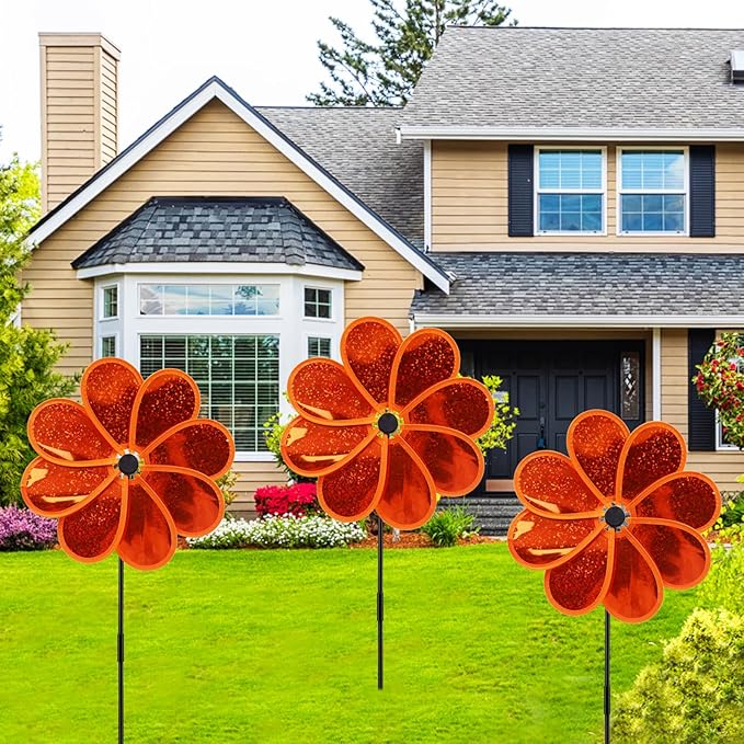 4PCS Flower Wind Spinner Sparkly Lawn Pinwheel 11.8 inch Orange Garden Windmill for Garden, Party, Christmas Outdoor, Yard Decor