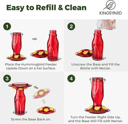 Kingsyard Glass Hummingbird Feeders for Outdoors Hanging, 6 Feeding Ports 16 Ounces Leakproof Bird Nectar Feeder for Garden Porch Fall Decorations, Easy to Refill & Clean, Ant Moat Included, Red