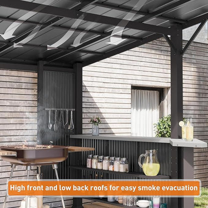 Kullavik 10' x 10' Hardtop Grill Gazebo Canopy, Outdoor Galvanized Steel BBQ Lean to Gazebo with 2 Side Shelves for Barbecue and Picnic, Metal Grill Tent for Patios, Gardens, Lawns