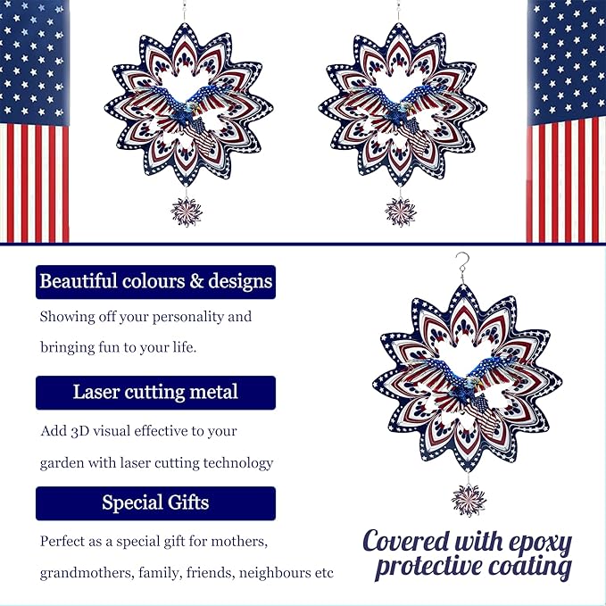 Eagle Wind Spinners for Yard and Garden,Wind Spinner Hanging,3D Metal Wind Catchers,12in American Flag Kinetic Spinner,Fourth of July Independence Day Party Decorations for Indoor Outdoor(Round)