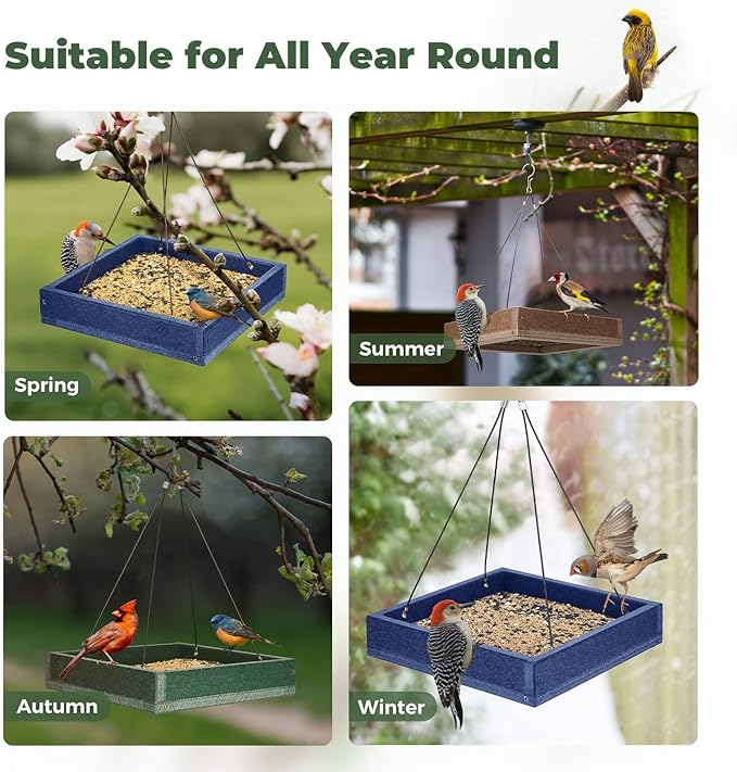 Kingsyard Platform Mealworm Bird Feeder for Outside, Recycled Plastic Hanging Tray Bird Feeders with Large Capacity 3.5 lbs, Premium Quality & Durable, Great for Attracting Wild Birds, Blue