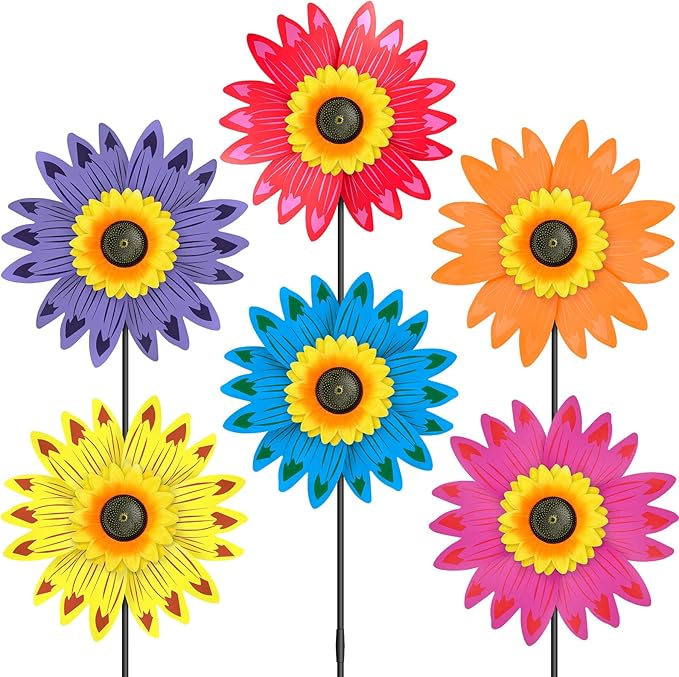 6PCS Sunflower Wind Spinners with Stakes 14" W x 29" H Wind Spinners Lawn Pinwheel Sunflower Windmill Outdoor Multicolor Pinwheels for Yard Decoration