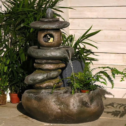 28" H Imitation Rock Pagoda Design Outdoor&Indoor Cascading Water Fountain, Natural Zen Decor Waterfall with LED Lights - Suitable for Garden/Patio/Yard/Deck/Balcony and Home Art Decor （Resin）