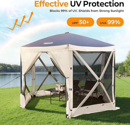 Tecoom 6-Sided Pop Up Gazebo Tent, Screen House with Mosquito Netting Canopy for Camping, 10x10ft Portable Sun Shelter Removable Siedwalls for Outdoor, Garden, Activities, Khaki