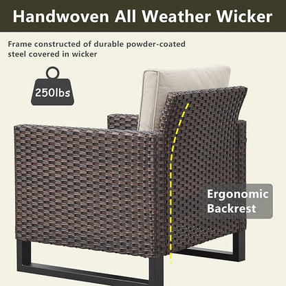 Rilyson Wicker Outdoor Patio Furniture Set - 5 Piece Patio Conversation Set with 2 Wicker Armrest Chairs,2 Rattan Ottoman and 1 Couch for Outside Porch Deck Backyard Garden(Brown/Beige)
