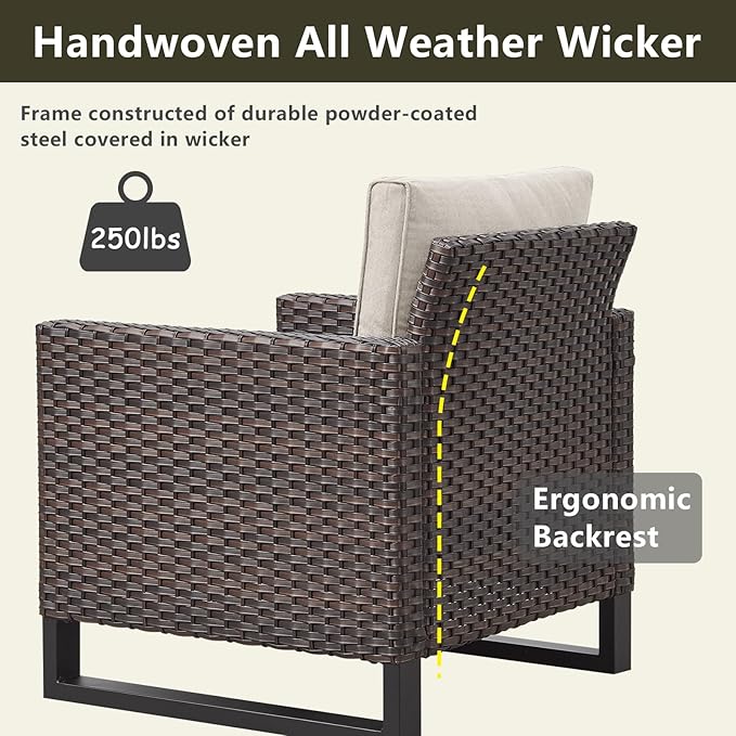 Rilyson Wicker Outdoor Patio Chairs Set - 3 Piece Rattan Patio Furniture Bistro Chairs Set with Waterproof Wicker,Comfortable Cushions and Sturdy Metal Frame for Porch Deck Backyard(Brown/Beige)