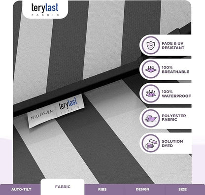 Midtown Umbrellas The Lean 10 Feet Outdoor Umbrella With Terylast Matter Stripes (Grey/White Stripes) Polyester Fabric - Auto-Tilt Aluminum Frame Patio Umbrella For Deck, Garden, Pool - Black Pole