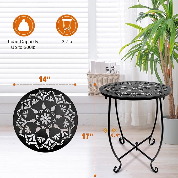 2 Pack Outdoor Side Tables for Patio,14 Inch Weather Resistant Metal Plant Stand Side Table, Round Outdoor End Table Accent Side Table for Patio Yard Porch Balcony Garden Bedside Indoor Outdoor
